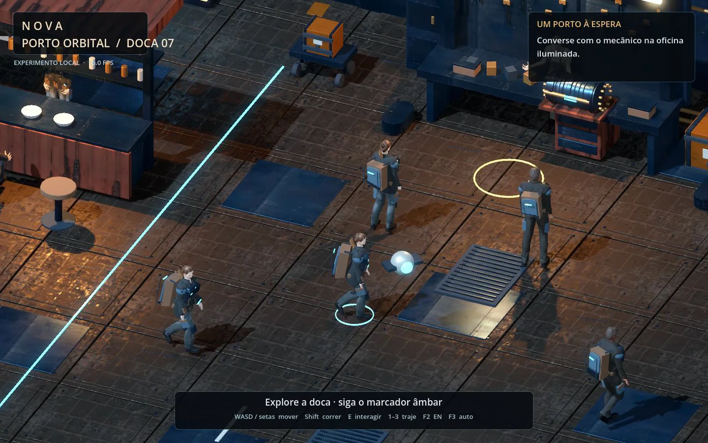 Personagens humanos e oficina no protótipo Porto Orbital de Project Nova.
